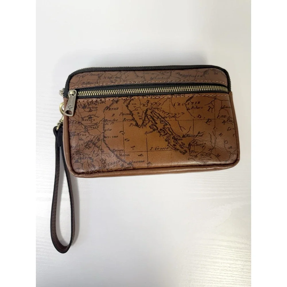 Patricia Nash Viani Leather Wristlet Riot Rust Signature Map